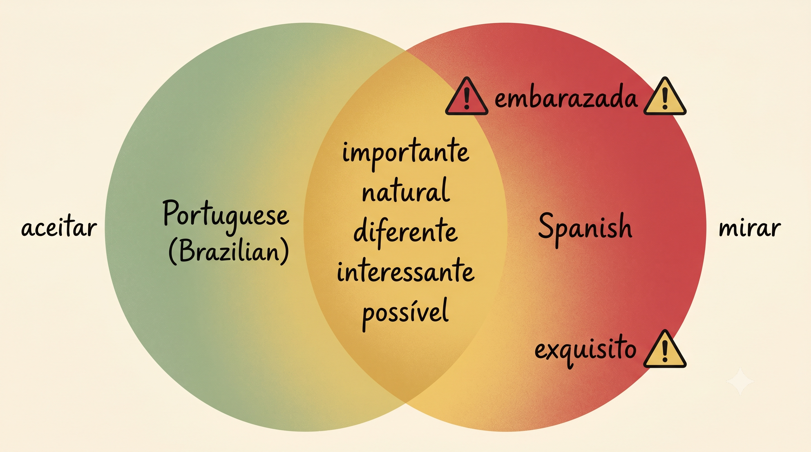 Diagrama de Venn mostrando sobreposição entre português brasileiro e espanhol com cognatos no centro e falsos amigos como embarazada e exquisito nas bordas