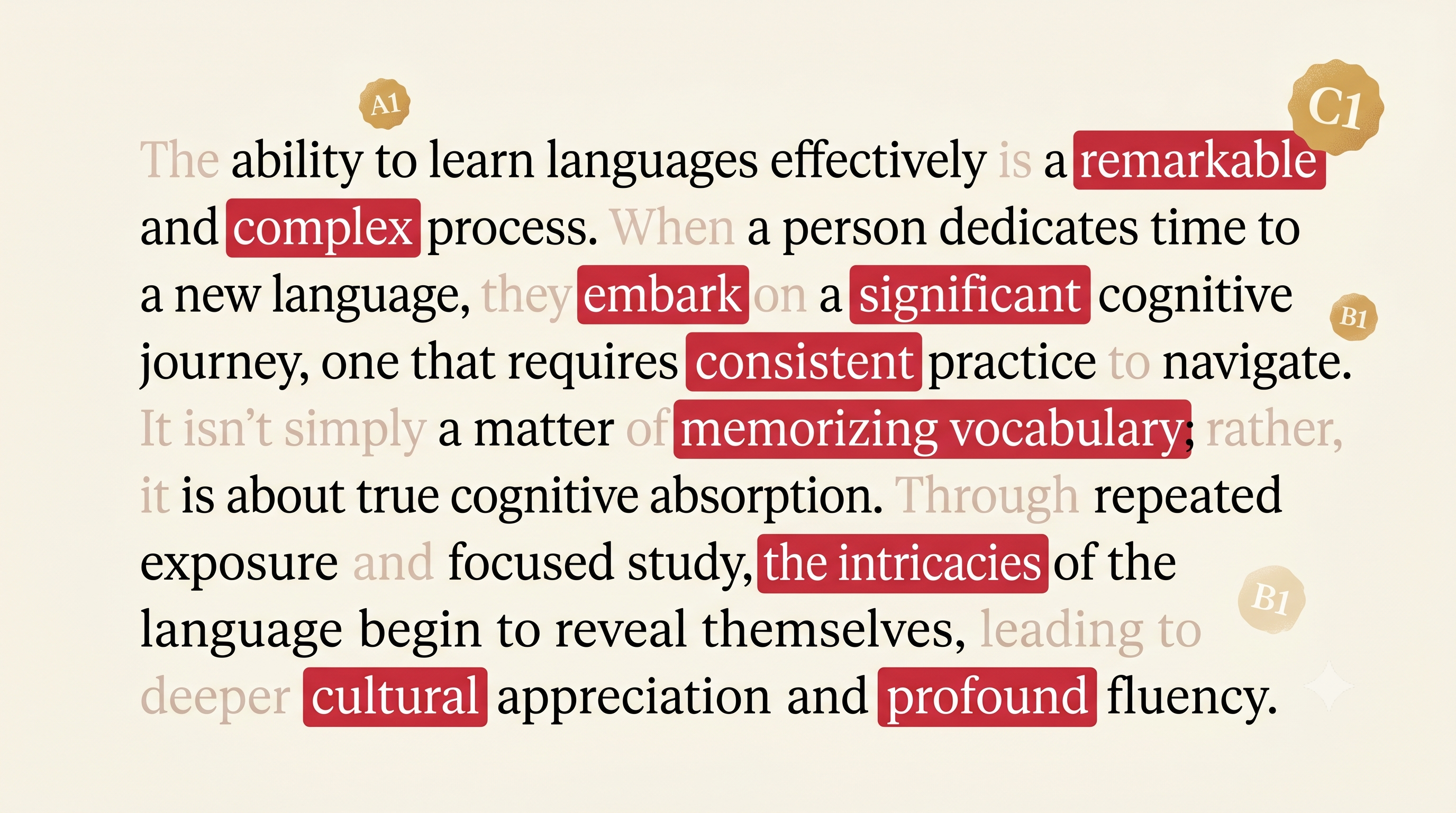 Parágrafo em inglês com palavras destacadas em vermelho conforme sua raridade lexical e badges CEFR A1, B1, C1 ao redor