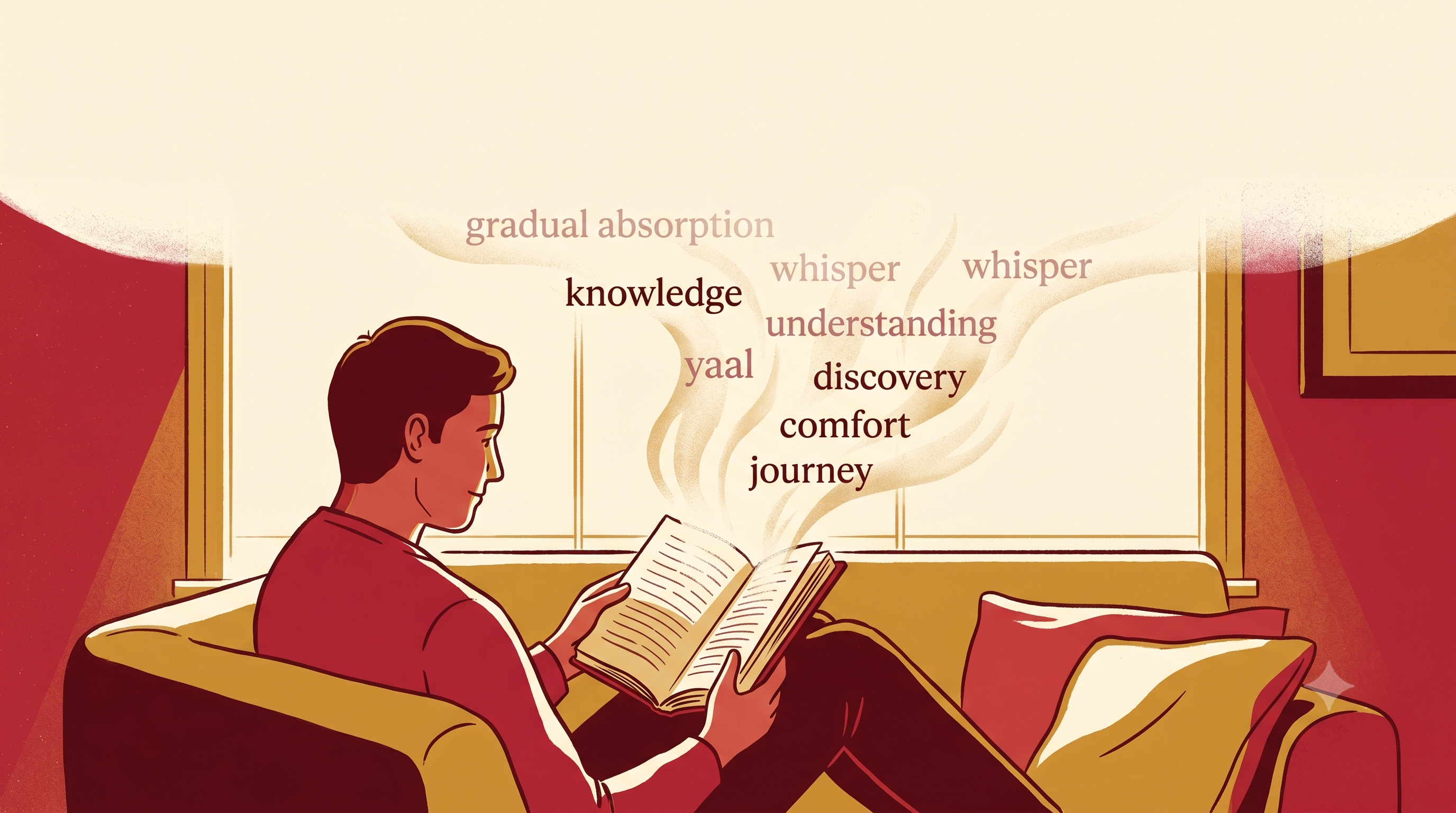 Pessoa lendo um livro em um sofá com palavras flutuando suavemente das páginas — metáfora visual para o input compreensível