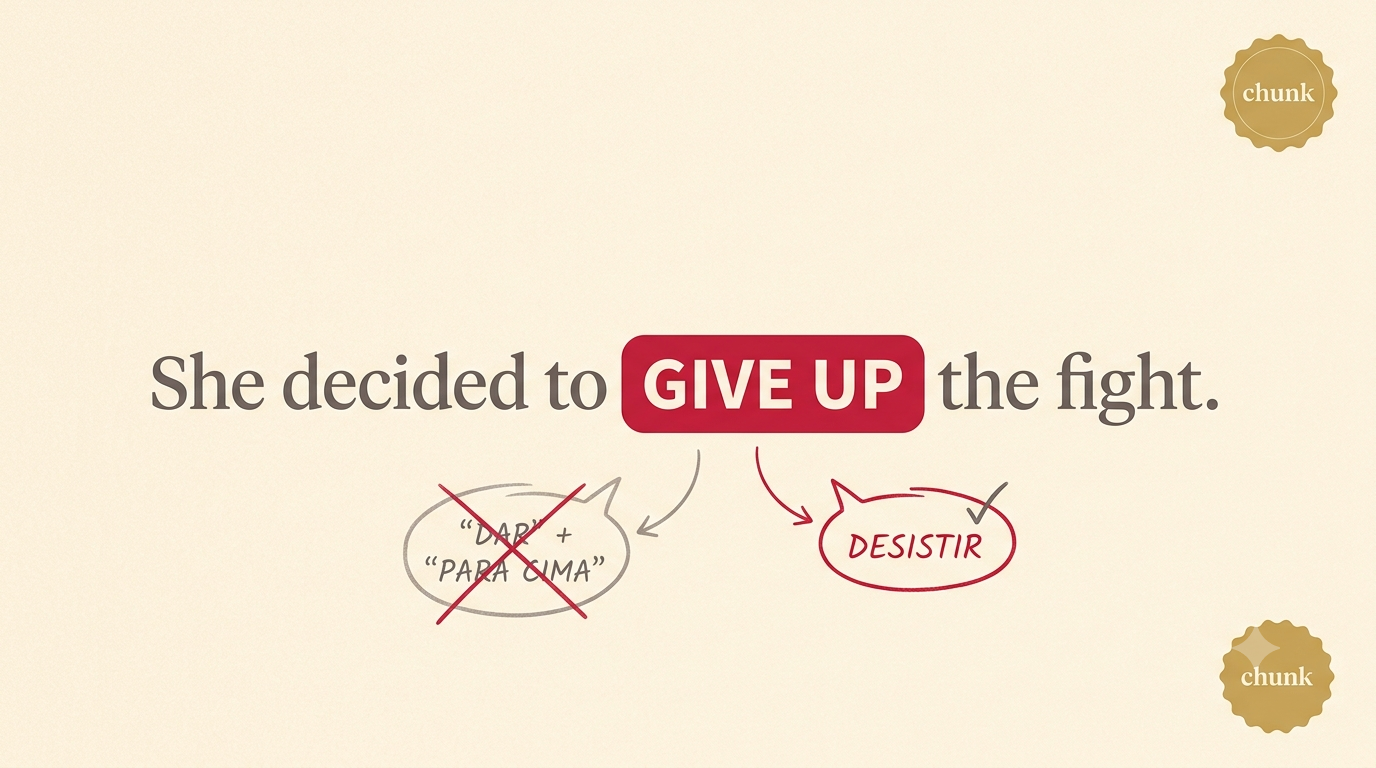 Frase em inglês com 'give up' destacado em vermelho, ligado por setas a duas anotações: a tradução literal riscada ('dar' + 'para cima') e o significado real, 'desistir', marcado com um check