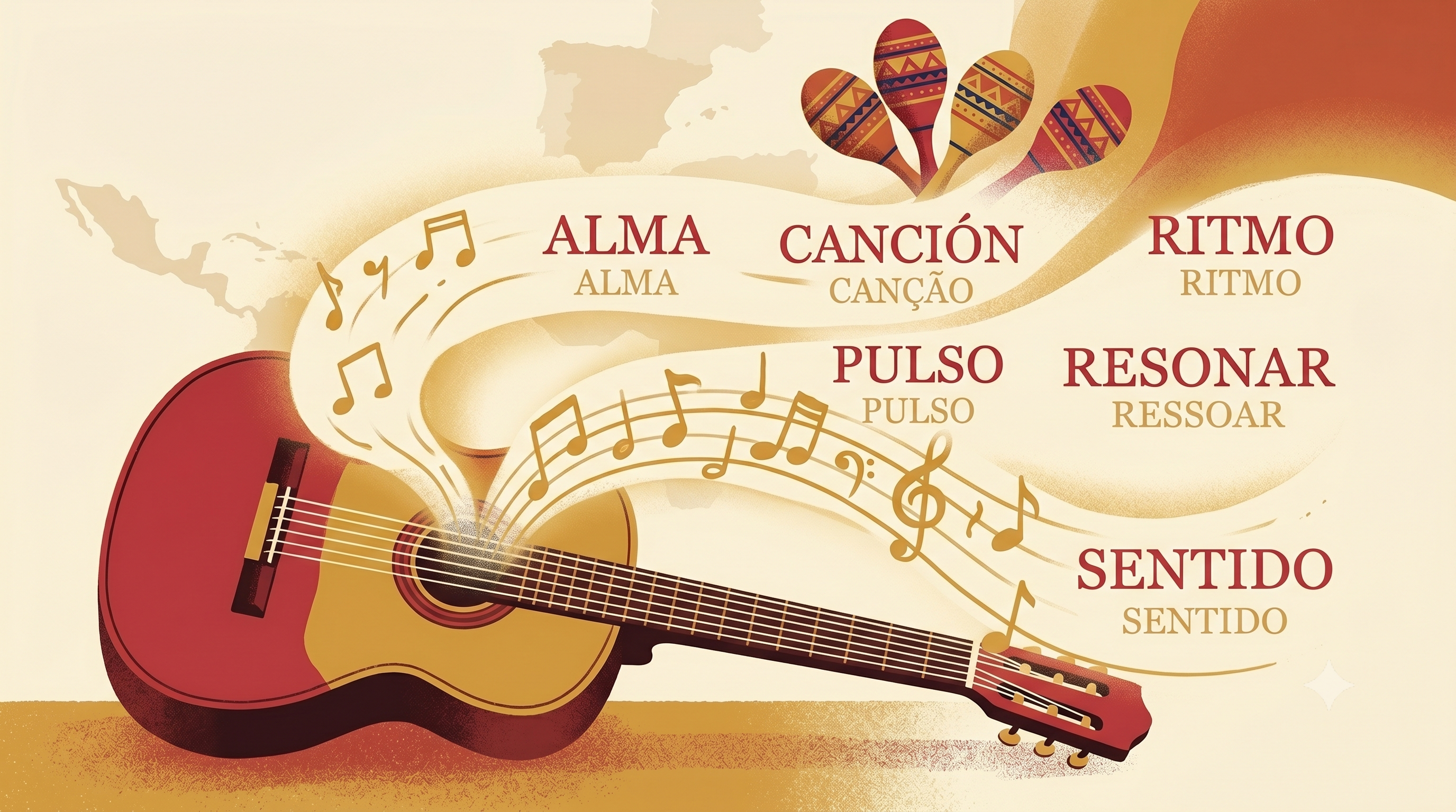 Violão com maracas e palavras em espanhol como alma, canción, ritmo e suas traduções em português
