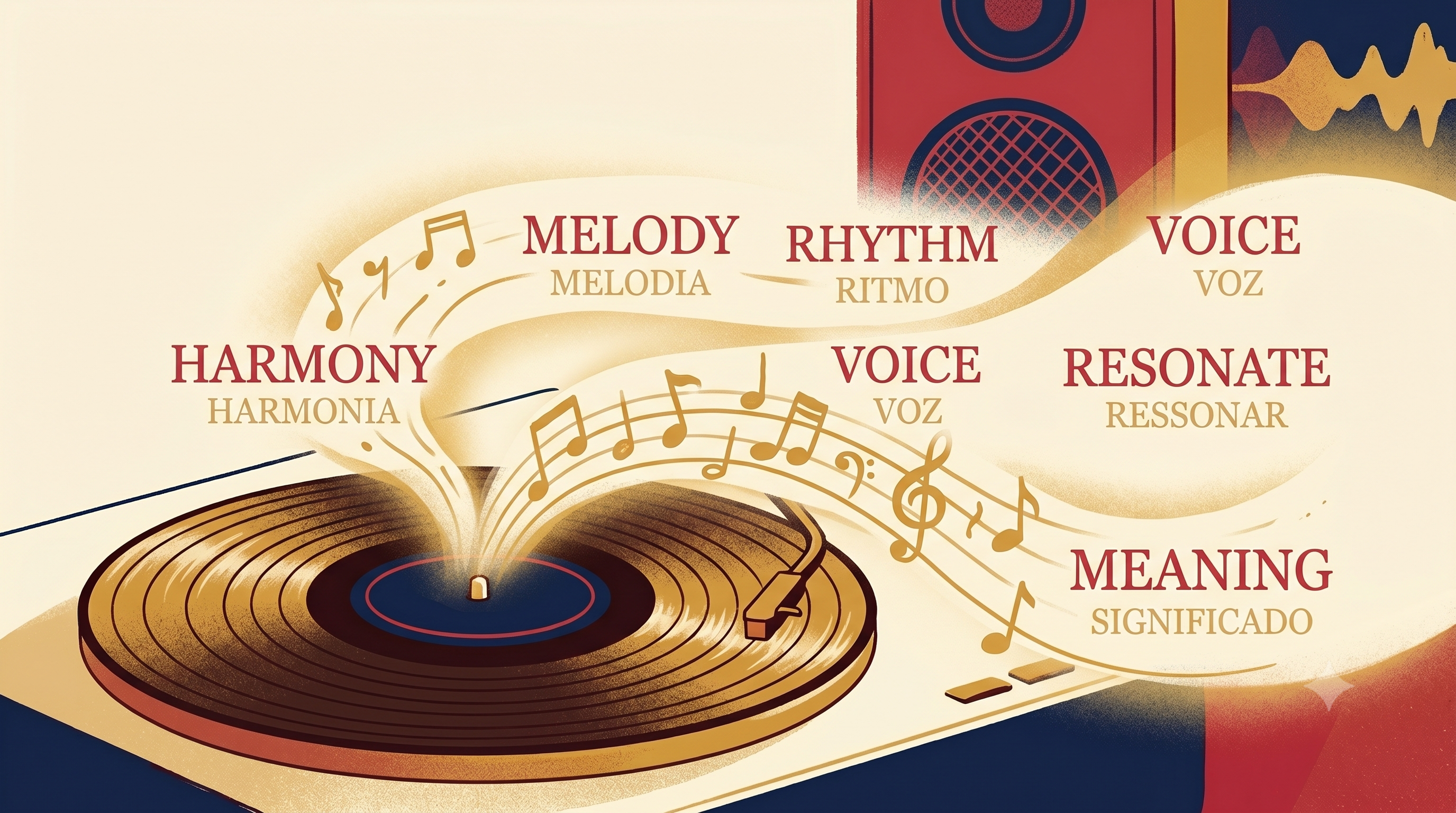 Vinil tocando com palavras em inglês como melody, rhythm, voice e suas traduções em português